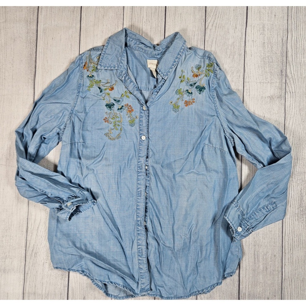 Chico's Button Up Shirt Women's Large Light Blue Lyocell Embroidered Floral